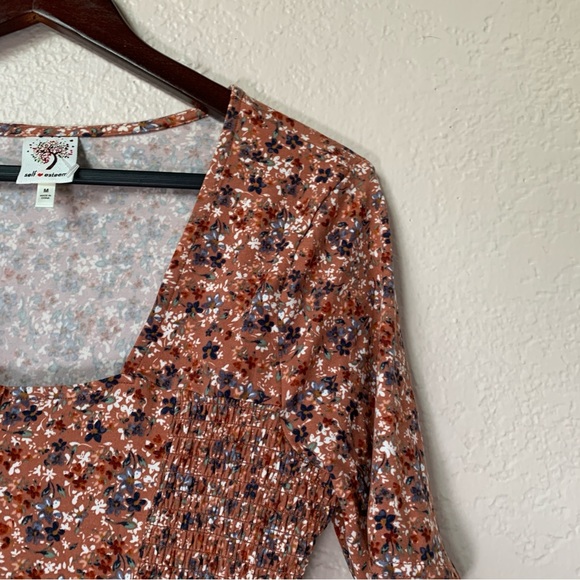 Self Esteem Brown Floral Crop Top Square Neck Side Smocking Juniors Size M - Picture 2 of 11